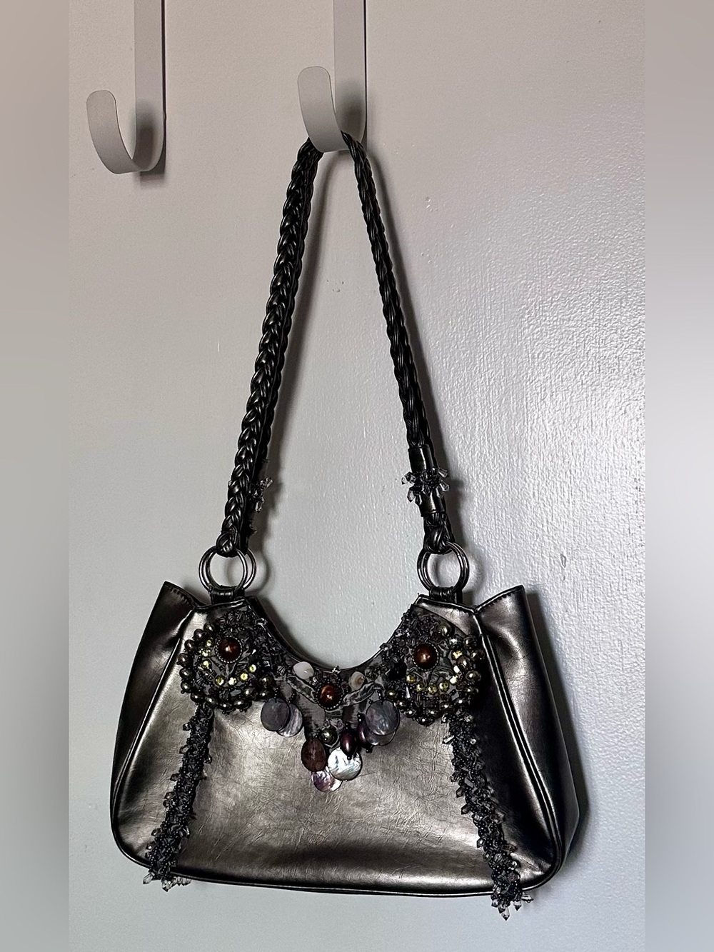 Chico’s Slate Beaded Leather Shoulder Bag